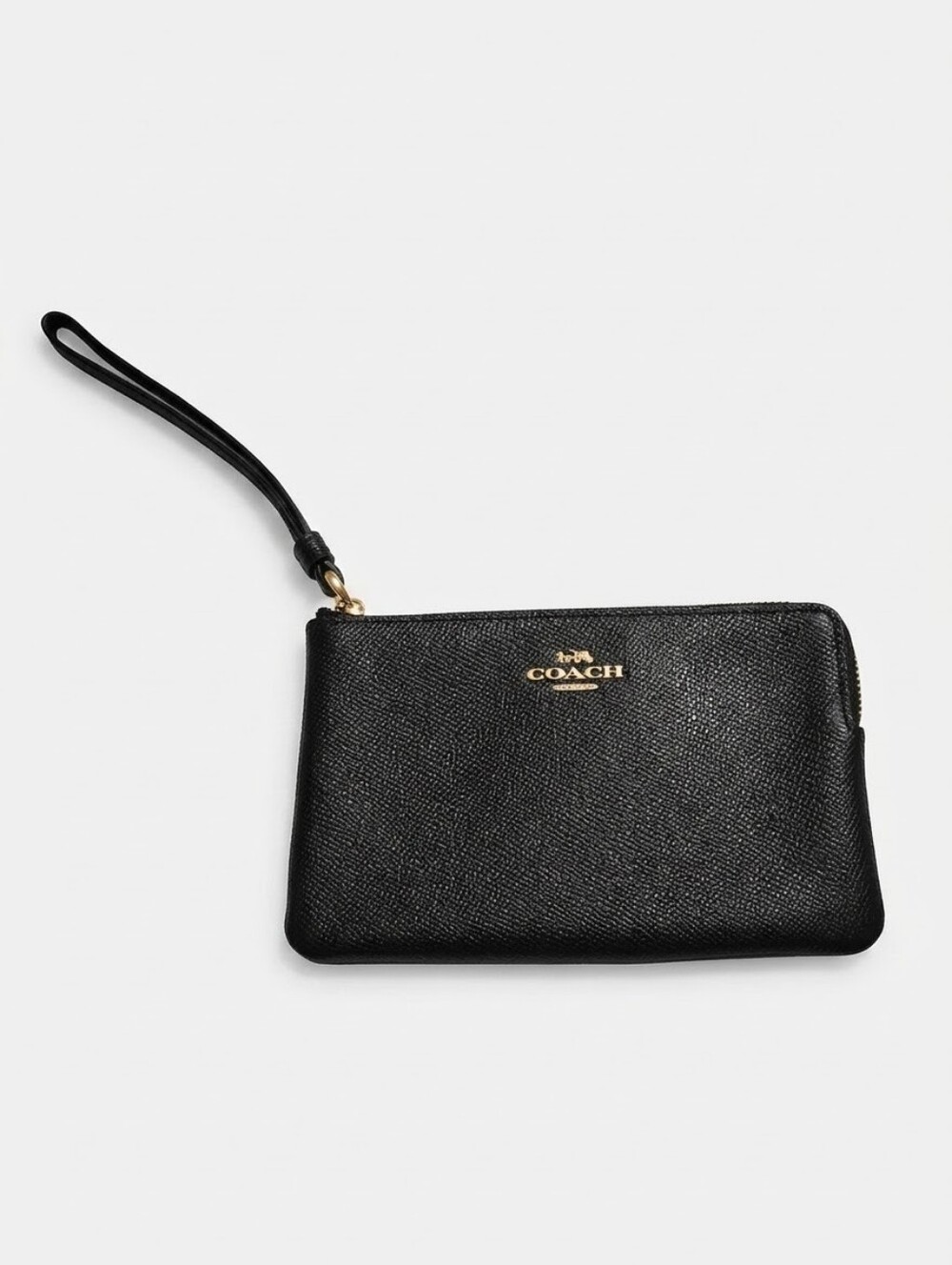 Coach Black Leather Wristlet Clutch with Gold Logo